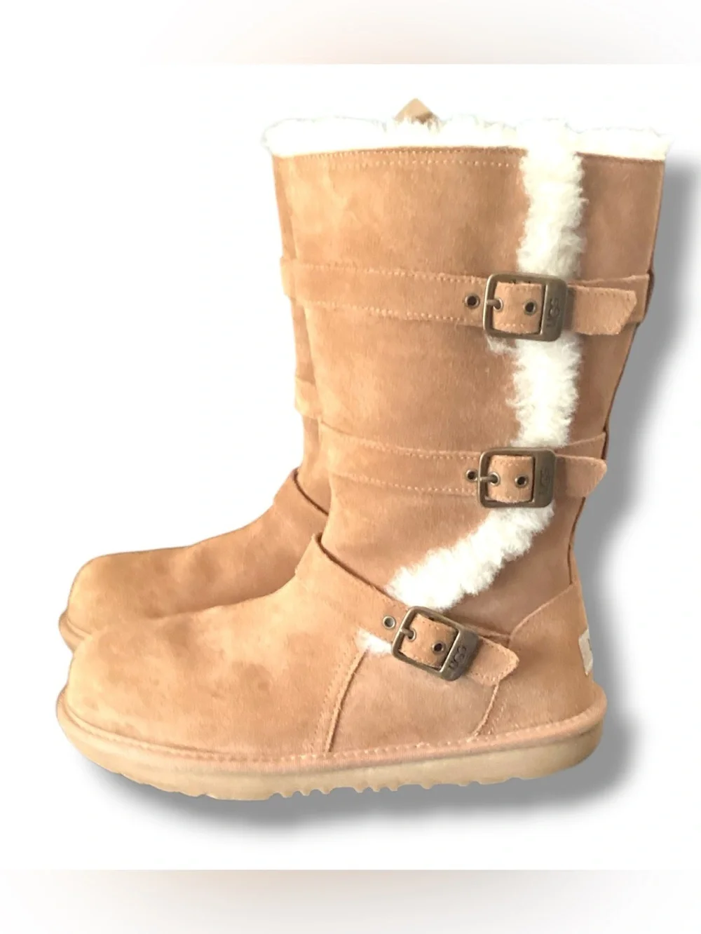 UGG | Maddie II Chestnut Suede Shearling Buckle Mid Boots Girl's Size 4